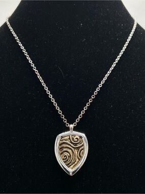 Mixed Metal Silver And Gold Long Shield Pendant, Necklace, NOC